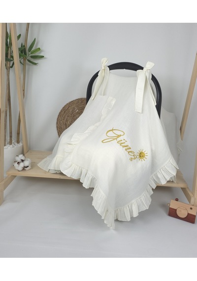 Gros Shop Müslin Yeni Doğan 4katlı Organik %100pamuk Kişiye Özgü Nakışlı Hastane Çıkış Seti Güneş Model-2 Ekru-3