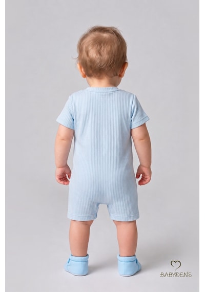 Babyden's Tavşan Baskılı Şortlu Erkek Bebek Tulum %100 Pamuk Yazlık Kısa Kollu Çıtçıtlı Yenidoğan Bebek Tulumu 0-9 Ay Bebe Mavisi