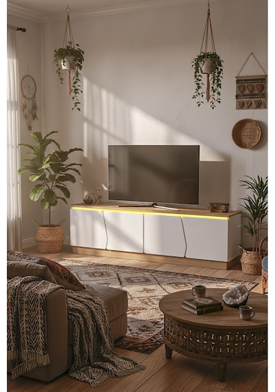 Bohem 180 Cm Tv Ünitesi Ledli Mdf Kapak Ceviz - Beyaz