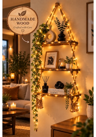 Modern Doğal 2 Katlı Ahşap Halatlı Dekoratif Duvar Rafı, Kitaplık , Çiçeklik, Retro Hasır Ipli Ahşap Vernikli , Peri Led Hediyeli -