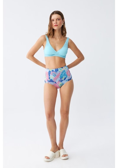 Akbeniz Kadın Pedli Üst Tropik Desenli Yüksek Bel Bikini Takımı - Buz Mavisi Buz Mavi