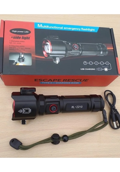Şarjlı El Feneri Yüksek Güçlü Led Işık Usb İle Şarj Escape Rescue Antrasit