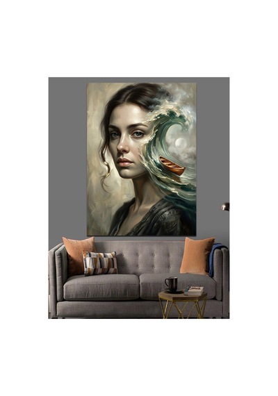 Dalgalı Saçlı Ve Hüzünlü Kadın Yağlı Boya Dokulu Kanvas Tablo Canvas Tablosu