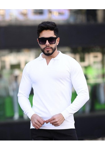 Classics Men Gewer Polo Yaka Uzun Kol Erkek Örme Triko-7152 Beyaz