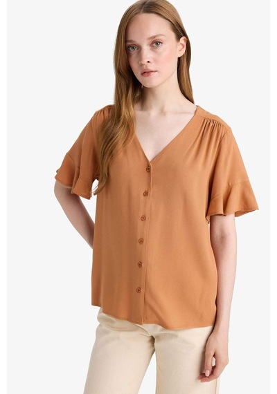 Defacto Regular Fit V Yaka Kısa Kollu Gömlek F6086ax25smbn101 Kahve