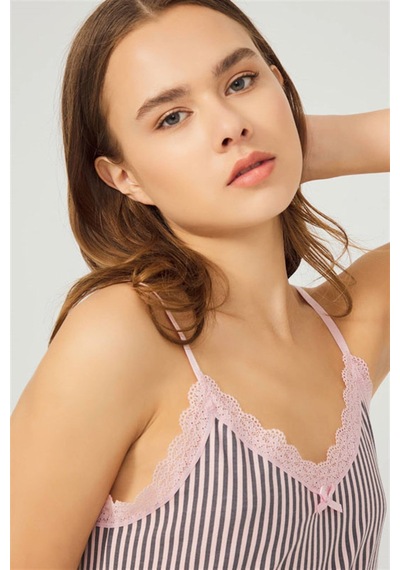 Cottonhill Pembe Füme Çizgili İnce Askılı Pamuklu Kadın Gecelik Pembe