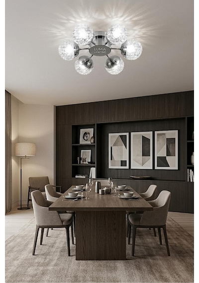 LumiaLighting Küre Model Gümüş 6"lı Kumandalı Ledli 3 Renk Modu Kristal Salon Mutfak Yatak Çocuk Odası Avize Altın