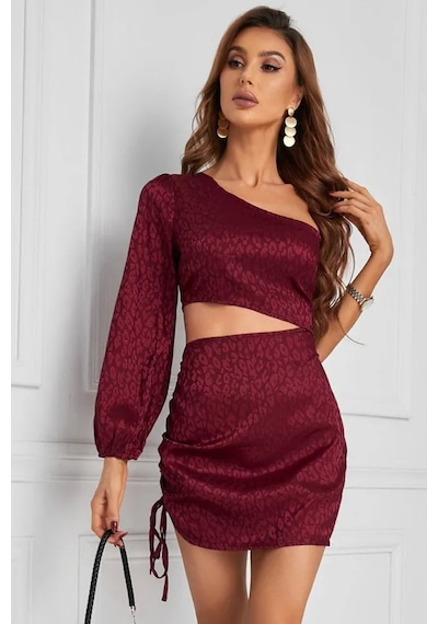 Fashion Cocktail Bel Dekolteli Tek Kol Gece Elbisesi Şarap Kırmızı Bordo