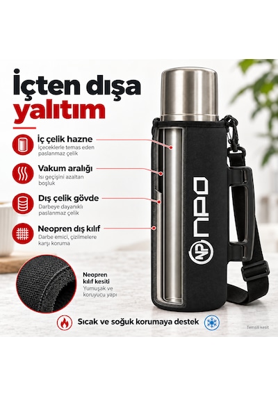 Npo Nt01 2 Katman Vakum Teknolojili 24h Sıcak 48h Soğuk 72h Buzlu Koruma Çelik Termos Siyah Kılıflı