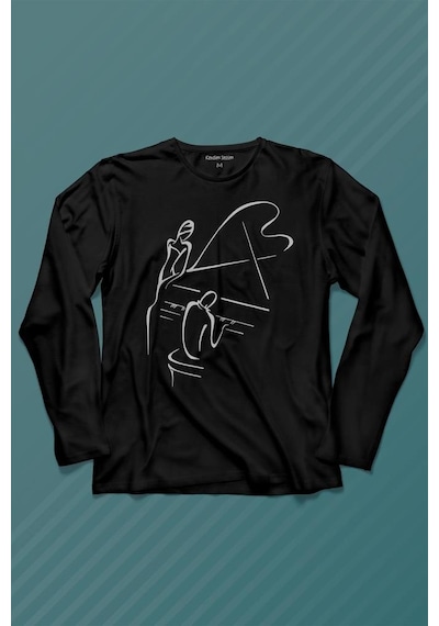 Piyano Başında Romantik Müzik Aşkı Müzikal Aşıkları Uzun Kollu Tişört Baskılı T-shirt 001