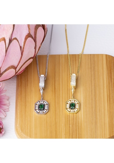 3-5 Mm Baget Yeşil Zirkon Taşlı 925 Ayar Gümüş Gold Rengi Kadın Kolye Gold - Rodyum