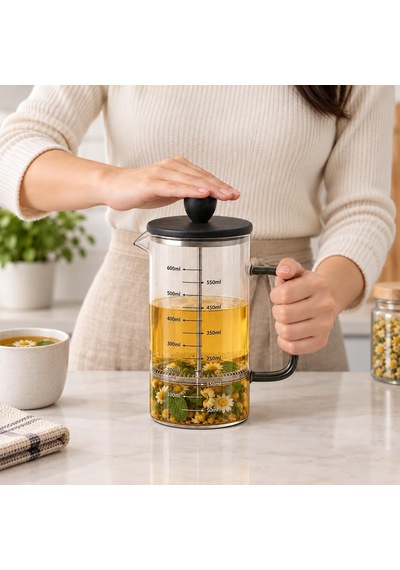 Siyah Bambu Kapaklı French Press, 600 Ml Ölçülü Borosilikat Cam Kahve Ve Bitki Çayı Demliği, Siyah Cam Kulplu Diğer