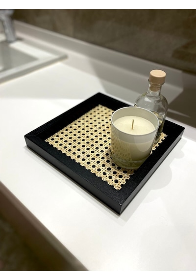 Rattan Hazeran Kare Tepsi Siyah-24x24 Cm %100 Doğal Hazeran
