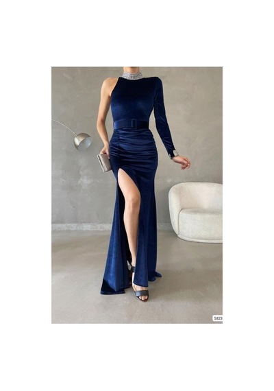 DefyModa Kadın Zarif Tasarım Esnek Saten Kumaş Tek Omuz Yırtmaçlı Abiye Elbise Lacivert DefyModa Kadın Zarif Tasarım Esnek Saten Kumaş Tek Omuz Yırtmaçlı Abiye Elbise Lacivert