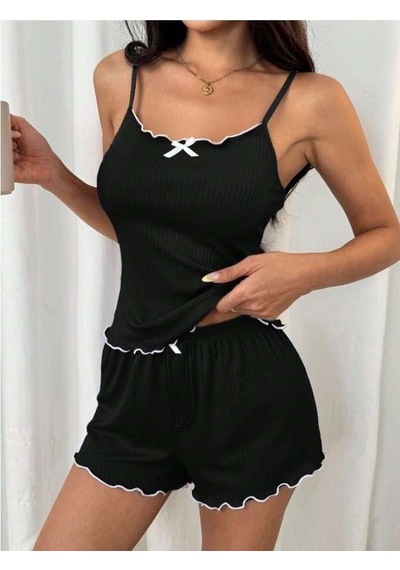 İkikareshop Siyah Beyaz Kurdelalı Askılı Şortlu Pijama Takımı Çok Renkli