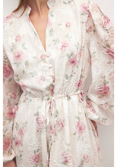 Sateen Nakışlı Desenli Uzun Elbise - Pudra-137141 Pudra