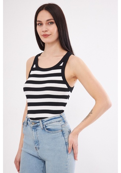Mea Capio Kadın Siyah Beyaz Çizgili Fitilli Likralı T-shirt Halter Yaka Örme Atlet Siyah - Siyah