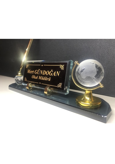 Cam Masa İsimliği Masaüstü Kişiye Özel Füme Gold Yazı Seti
