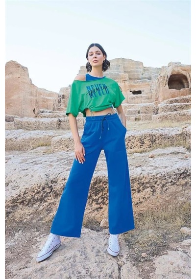 Semel Kadın Kısa Kollu "never Give Up" 3'lü Crop Eşofman Takımı mavi