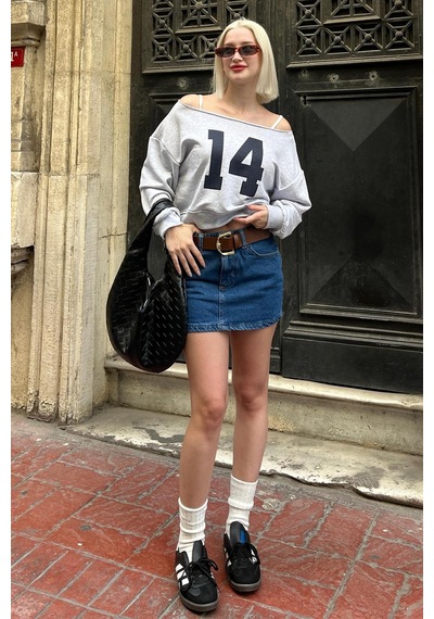 Karmelanj Kayık Yaka Baskılı Kadın Sweatshirt Mg2205