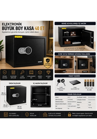 Elektronik Büyük Boy Kasa 40 Et Çelik Şifreli Kasa 40x35x35 Cm 2 Anahtar 4 Çelik Dübel