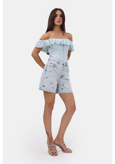 Itsbasic Kadın Kot Rengi 4s6-3 Relax Mom Kuş Gözü Detaylı Tasarım Denim Şort