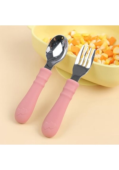 Silikon Saplı Paslanmaz Çelik Bebek Kaşık Çatal Seti Pembe Genel