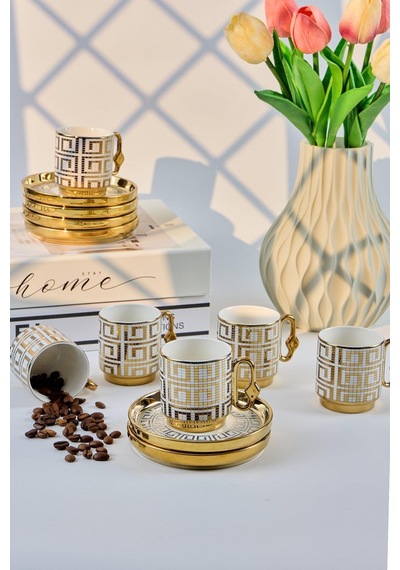 Valkyrie 12 Parça 6 Kişilik 80 Ml Geometrik Desenli Türk Kahvesi Fincan Takımı Gold K651-c