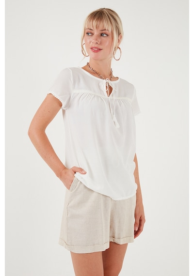 Lela Bağlamalı Yaka Kısa Kollu Regular Fit Bayan Bluz 5865641 Ekru