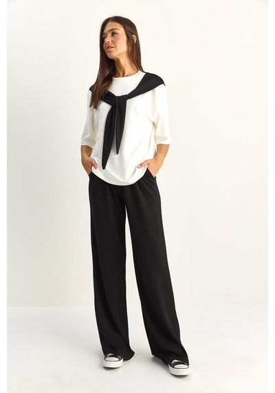 Shade Kadın Şal Detaylı Basic T-shirt Beli Lastikli Bol Pantolon Alt-üst Modal Takım 4116 60286084 - Siyah-beyaz Çok Renkli