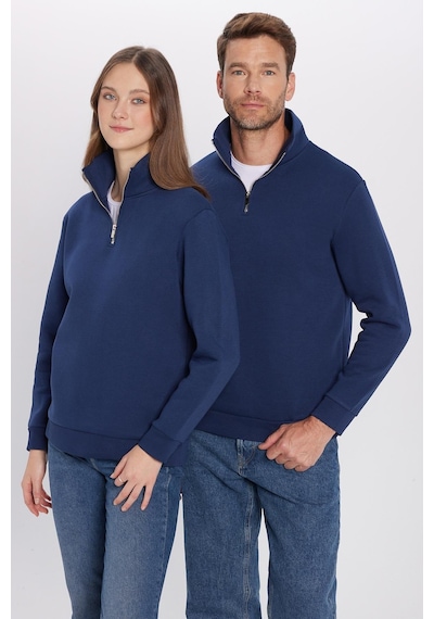 Tudors Unisex Relax Fit Rahat Kesim Pamuklu İçi Polarlı Yarım Fermuarlı Lacivert Dik Yaka Sweatshirt-31450 Lacivert
