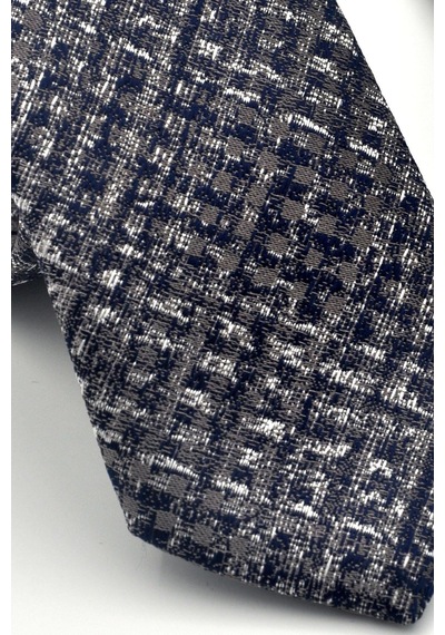 Gaffy Gri Desenli Lacivert Dokuma Kumaş Mendilli Slim Fit Kravat // Sdk-2602-2 Lacivert