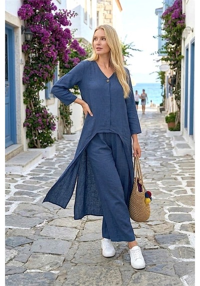 Genel Lacivert Tunik Pantolon Keten İkili Takım