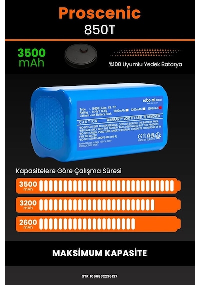 Proscenic 850t Uyumlu 3500mah Maksimum Yüksek Kapasiteli Lityum Batarya - Pil Tek Renk