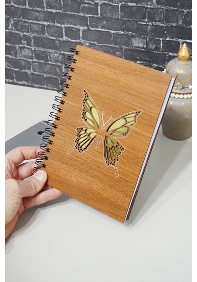 Kelebek Desenli Ahşap Defter - Ajanda - Günlük - Çizgisiz Defter Ahşap Rengi Ceviz