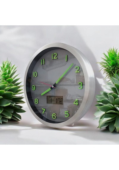 Fosforlu Termometreli Isı Ölçer Dijitalli Kabartma Rakam Gümüş Renkli Metal Duvar Saati Çap 30 Cm gümüş