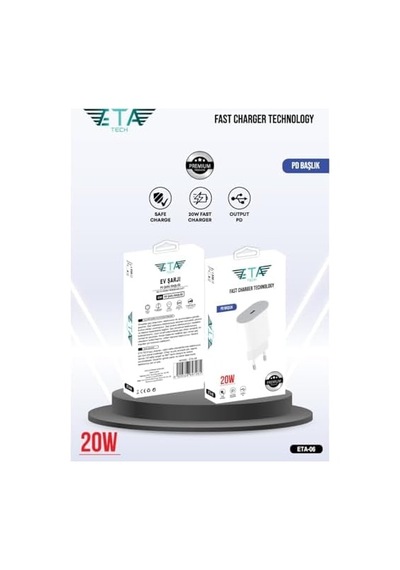 Eta Tech Eta-06 20w Hızlı Şarj Adaptörü Type-c Pd Qc 4.0 Destekli İphone 11/12/13/14 Pro Ve Pro Max İle Uyumlu