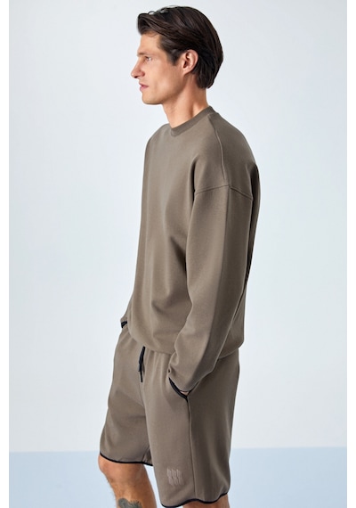 Grımelange PLEMON Erkek Bisiklet Yaka Uzun Kol Baskı Detaylı Oversize Koyu Kahverengi Sweatshirt