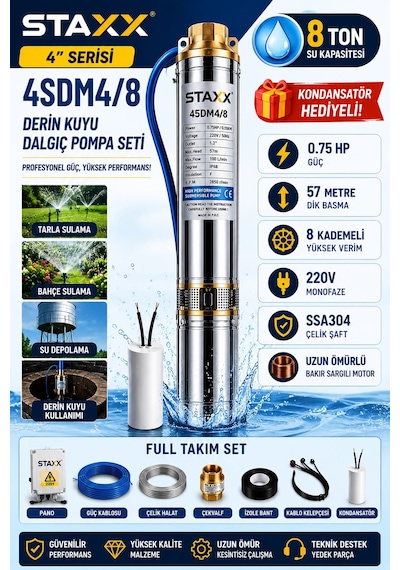Staxx 4sdm4/8220 Derin Kuyu Kalem Dalgıç Pompa Seti 57 Mt Dik 220v Çelik Şaft Bahçe Tarla Sulama
