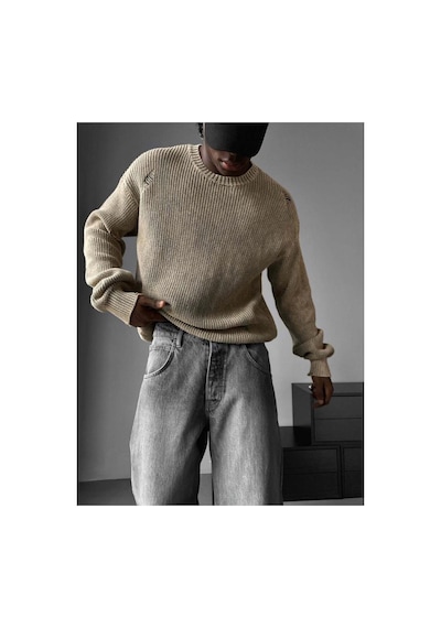 Elku Moda Oversize Eskitme Detaylı Yırtık Triko Kazak Vintage Yıkamalı Streetwear Knitwear Açık Bej