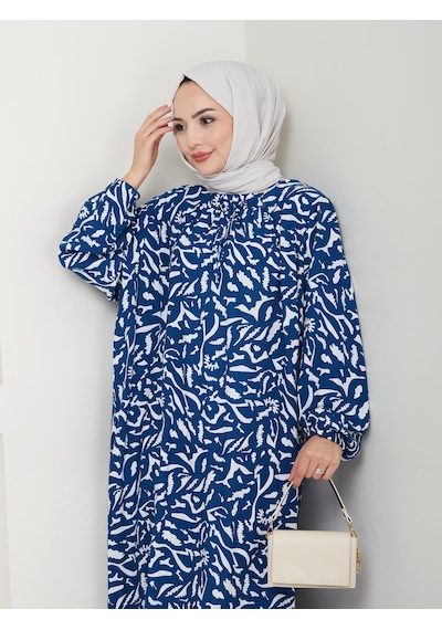 Nevayla Moda Desenli Önü Büzgülü Viskon Elbise - Mavi / E0131 Mavi