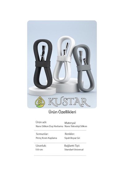 Kustar Nano Silikon Patlamaz Yırtılmaz Ezilmez Duş Hortumu 150 Cm Siyah Banyo Duş Hortumu Gri