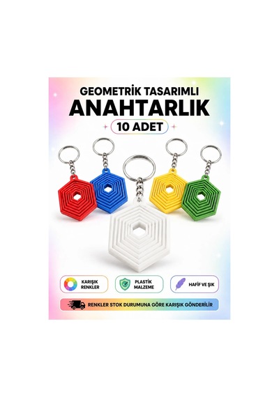 10'lu 3d Baskı Katmanlı Altıgen Anahtarlık Karışık Renkler
