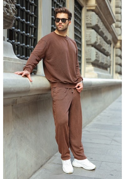 Madmext Kahverengi Yıkamalı Bisiklet Yaka Regular Fit Erkek Sweat Eşofman Takım E7369