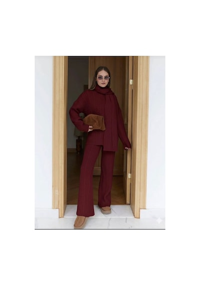 Moda Kadın Bordo Atkılı Saç Örgülü Pantolon Triko 3'lü Takım
