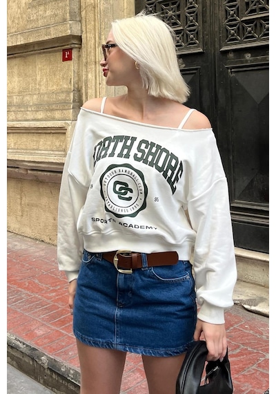 Beyaz Kayık Yaka Baskılı Kadın Sweatshirt Mg2205