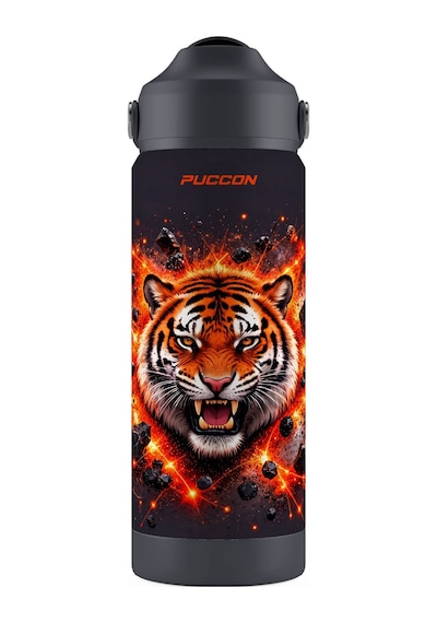 Puccon 540 Ml Kükreyen Kaplan Baskılı Siyah - Turuncu Erkek Çocuk Pipetli Çelik Termos Matara/suluk - 60052