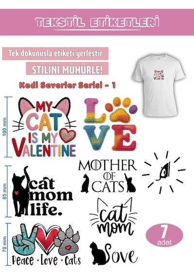 Ütü İle Yapışan Kıyafet Etiketi Kedi Severler Serisi -1 7li Set Karışık