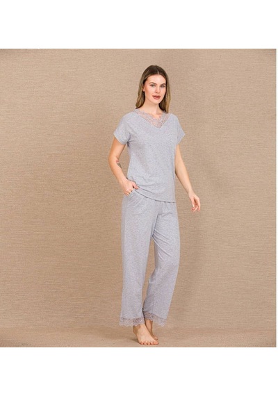 İkikareshop Viskon Şık Tasarım Dantel İşlemeli Gri Kısa Kol Pijama Takımı Çok Renkli