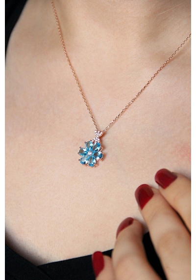 925 Ayar Gümüş Mavi Taşlı Rose Çiçek Kolye - 23167202 Rose Gold